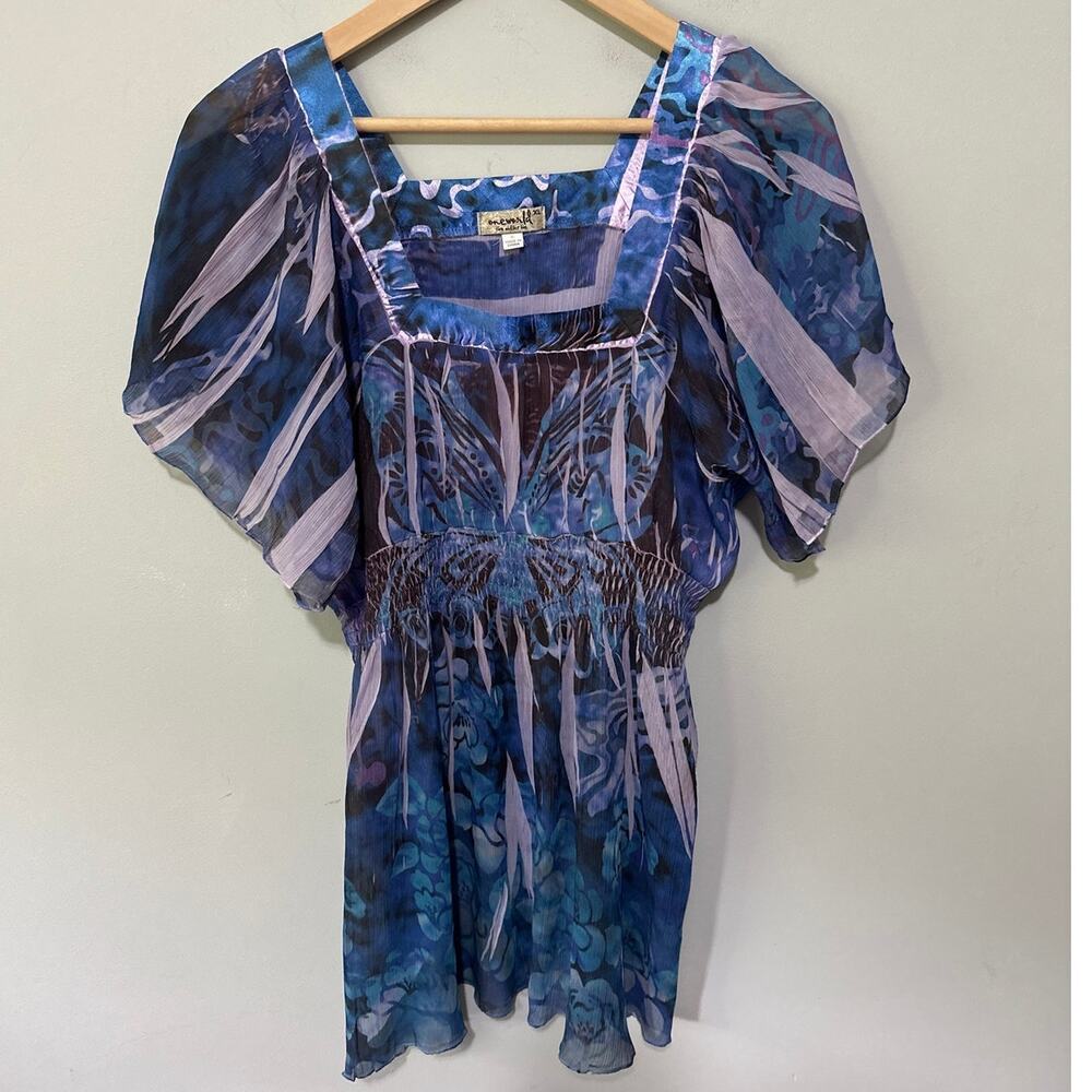 One World Top Womens XL Blue Chiffon Retro Y2K Smocked Mystical Forest Fairy